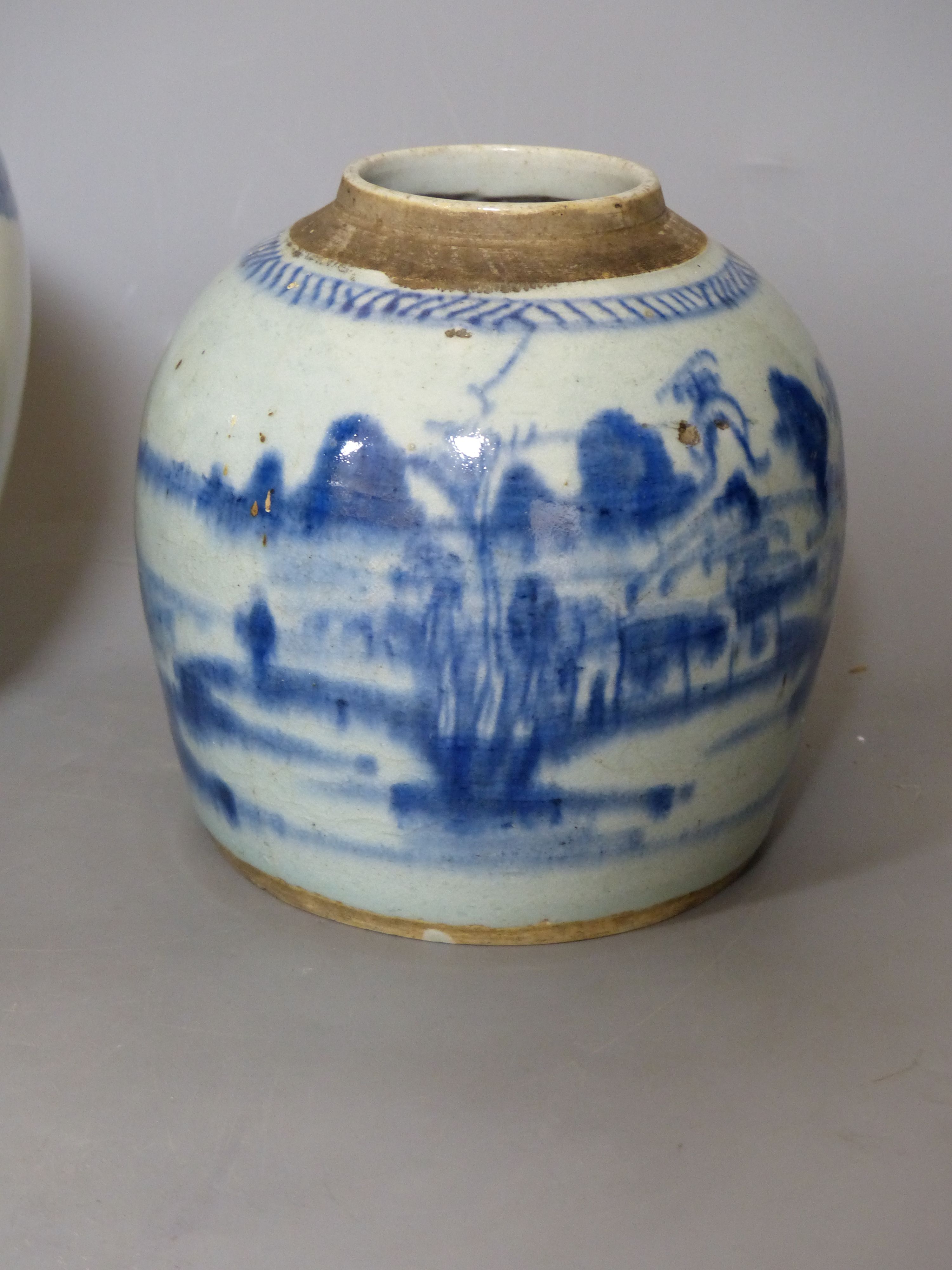 A Chinese blue and white jar, a smaller jar and a bowl, tallest 21cm